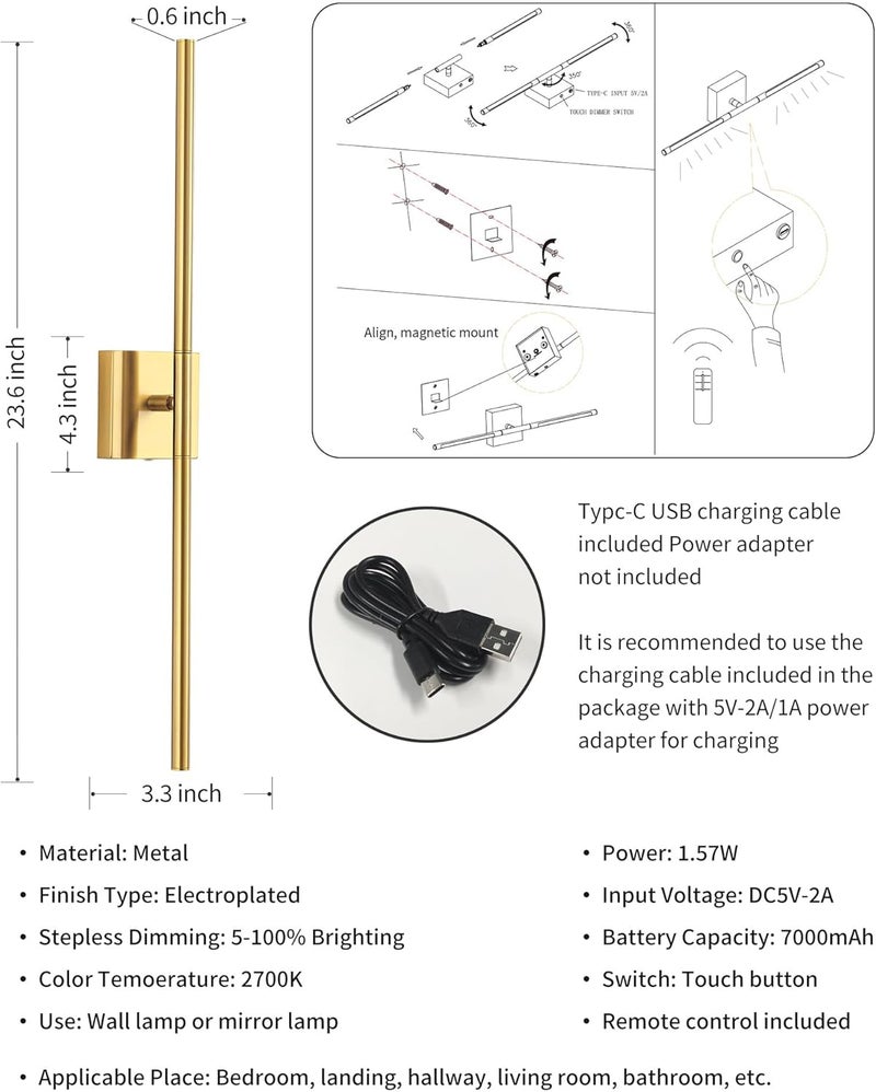 KDG Cordless Wall Sconces Set of 2, Wireless 5200mAh Rechargeable Battery Operated LED Wall Lamps with Remote, 360° Rotate Lightings for Wall Painting, Bedroom, Hallway, Night Light 23.6 inch (Gold) - Image 4